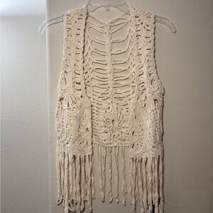 Cream Crochet Fringe Vest
